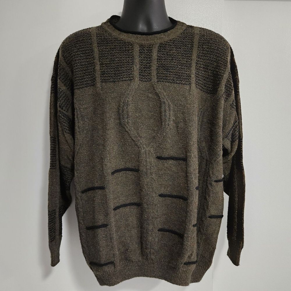 Monello Men's Size 52 (L) Green Chunky Knit Wool Blend Crew Neck Italian Sweater